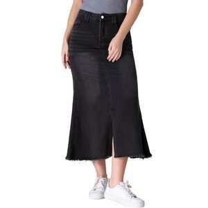 Long Denim Summer High Waisted Split A-Line Fishtail Jean Skirt Black